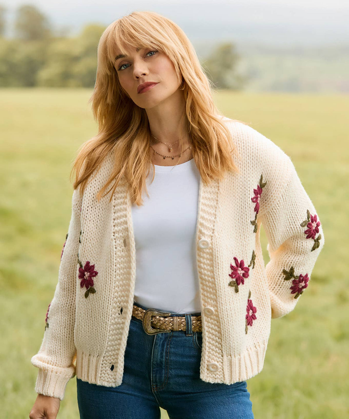 Fabulous Floral Embroidered Cardigan: Cream / 100% Polyester / XL (20/22)