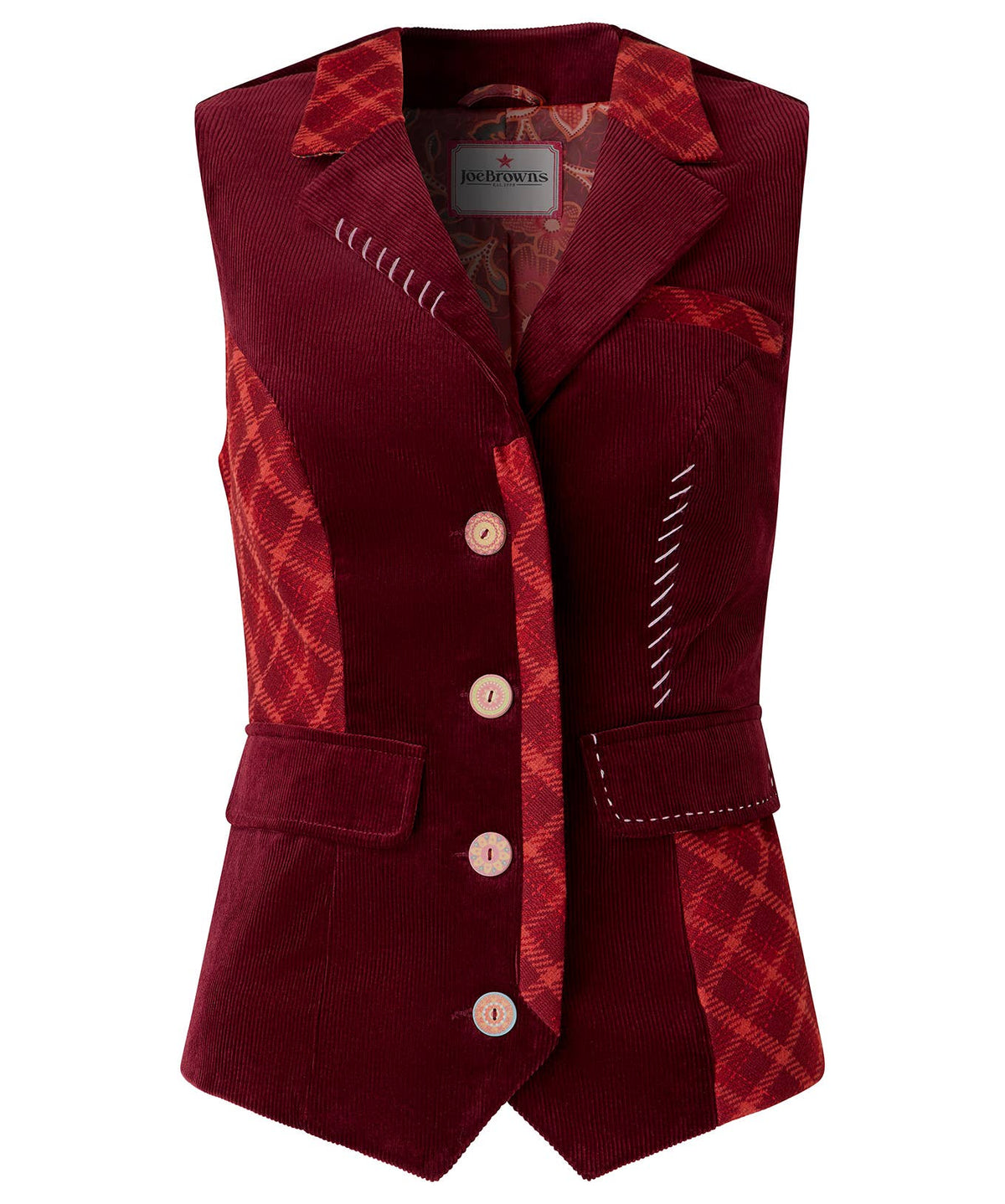 Joe browns Dahlia Mix And Match Waistcoat: Berry / Shell 100% Cotton. Trim: 92% Polyester, 8% Viscose 
Lining: 100% Polyester / 14