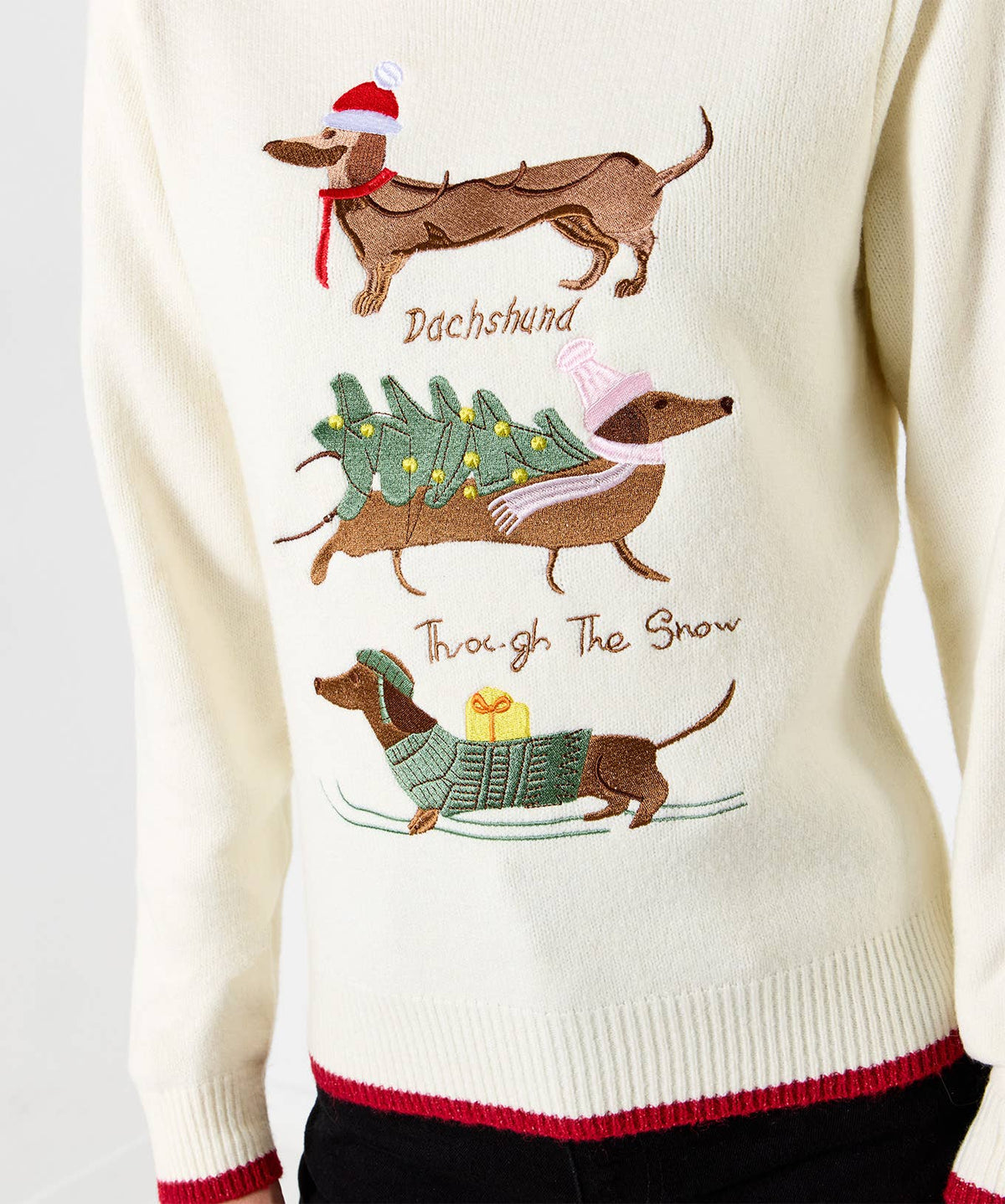 Darcie Dachshund Embroidered Jumper: Cream / 30% Polyester, 26% Arylic, 6% Wool,3% Elastane / 16