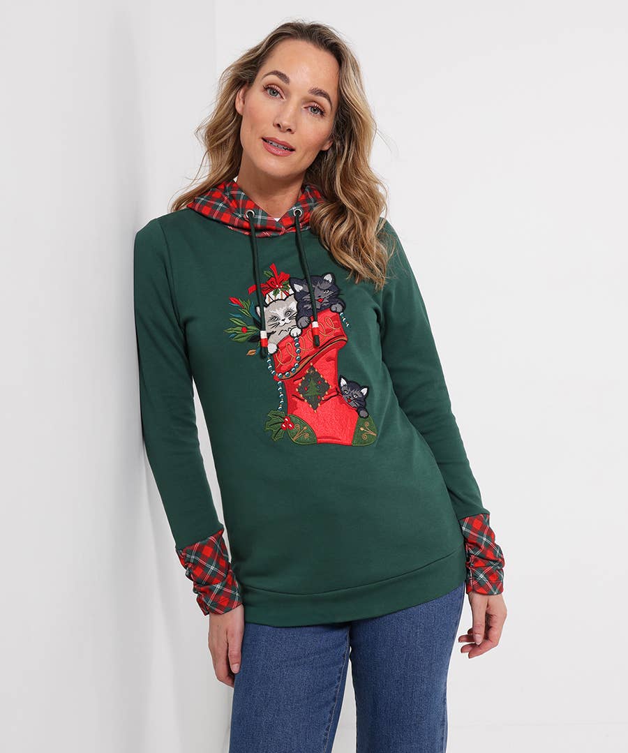 Christmas Cat Hoodie: Green / 100% Cotton / 16