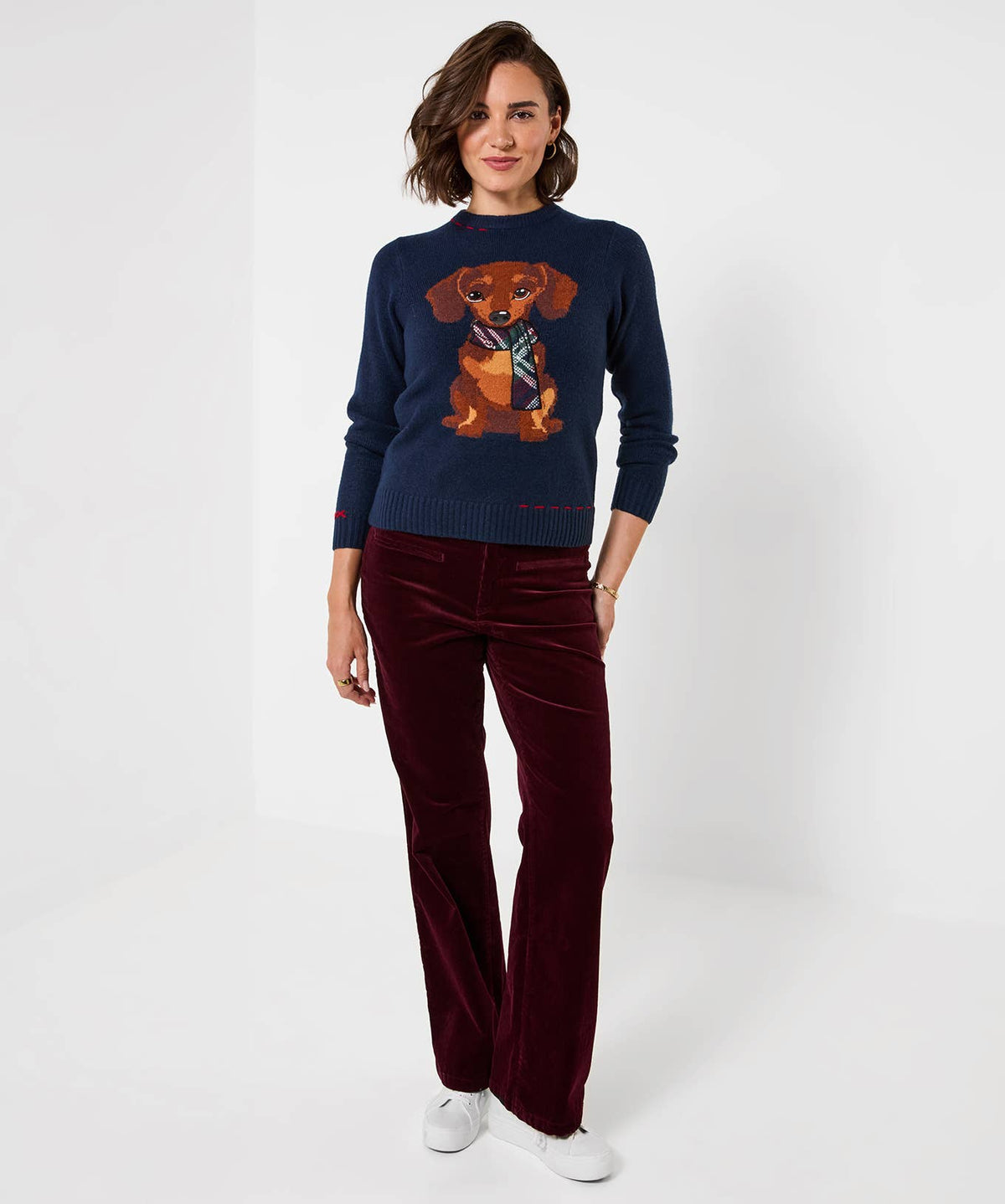 Trixie Embroidered Sausage Dog Jumper: Navy / 66% Polyester, 26% Acrylic, 4% Wool, 3% Elastane, 1% Polyamide / 14
