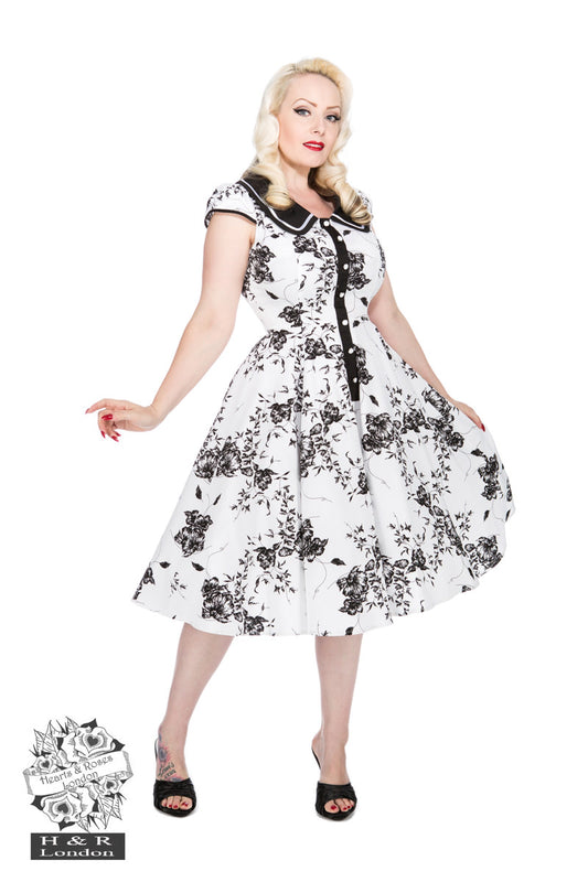 Hearts and roses tonal black and white dress 1950 inspired sale £35 uk 14