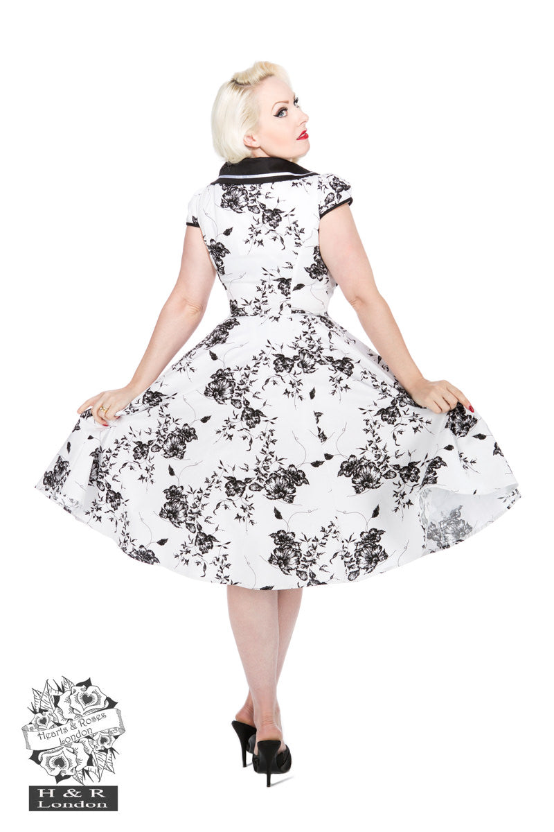 Hearts and roses tonal black and white dress 1950 inspired sale £35 uk 14