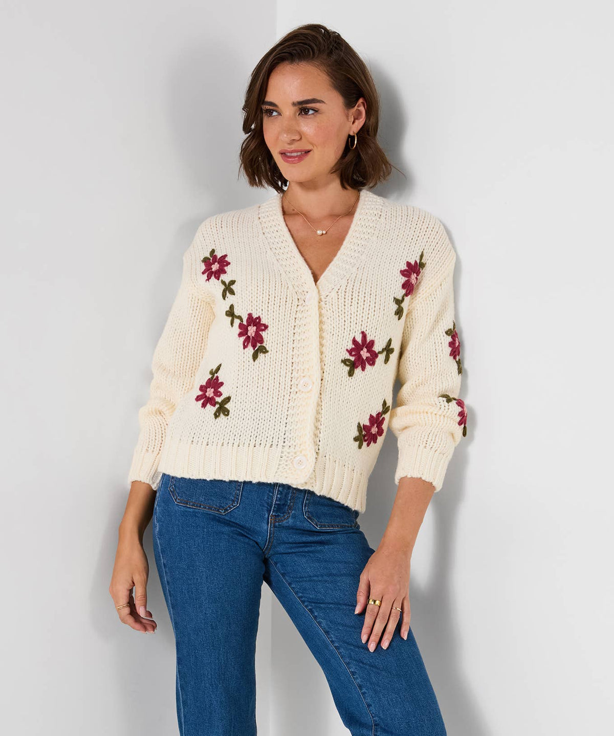 Fabulous Floral Embroidered Cardigan: Cream / 100% Polyester / XL (20/22)