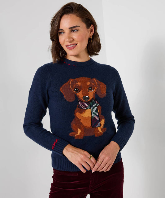 Trixie Embroidered Sausage Dog Jumper: Navy / 66% Polyester, 26% Acrylic, 4% Wool, 3% Elastane, 1% Polyamide / 12