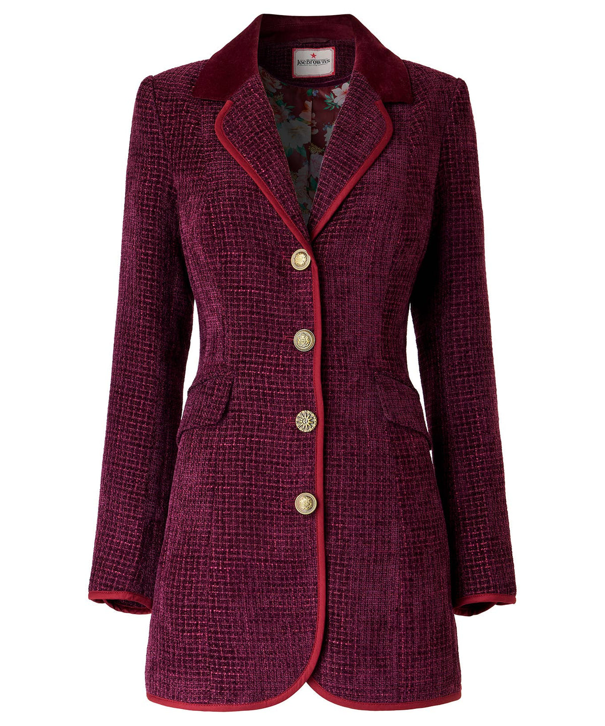 Joe's browns Favourite Forever Longline Jacket: Berry / Shell: 100% Polyester, Trim: 98% Cotton 2% Elastane, Lining: 100% Polyester / 16