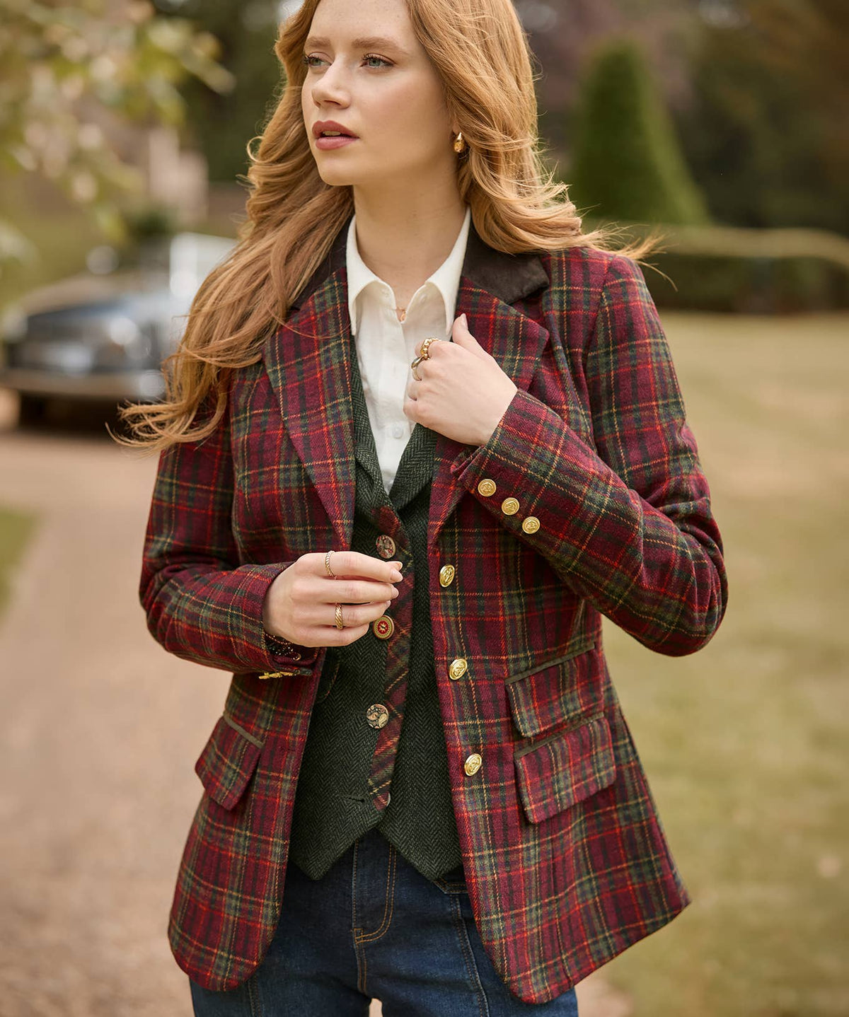 Ruby Heritage Check Jacket: Berry / Shell: 49% Polyester, 23% Wool, 18% Acrylic, 10% Polyamide. Trim: 98% Cotton 2% Elastane / 16