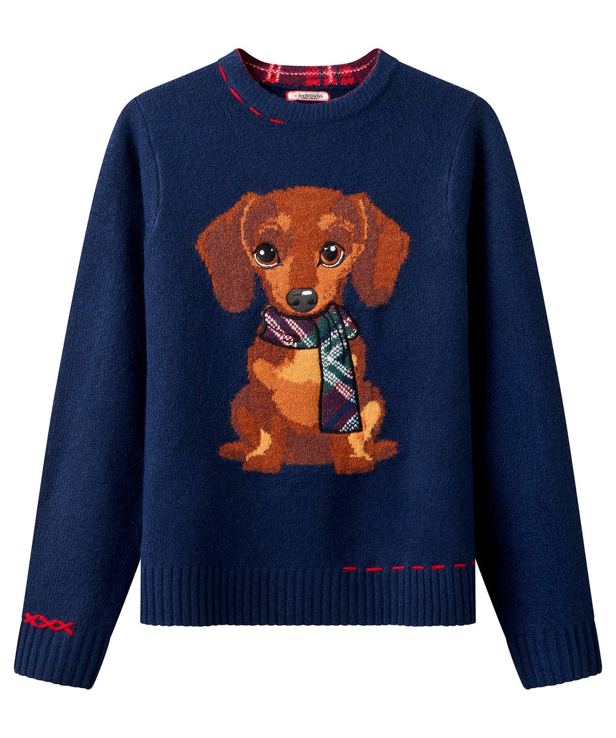 Trixie Embroidered Sausage Dog Jumper: Navy / 66% Polyester, 26% Acrylic, 4% Wool, 3% Elastane, 1% Polyamide / 16