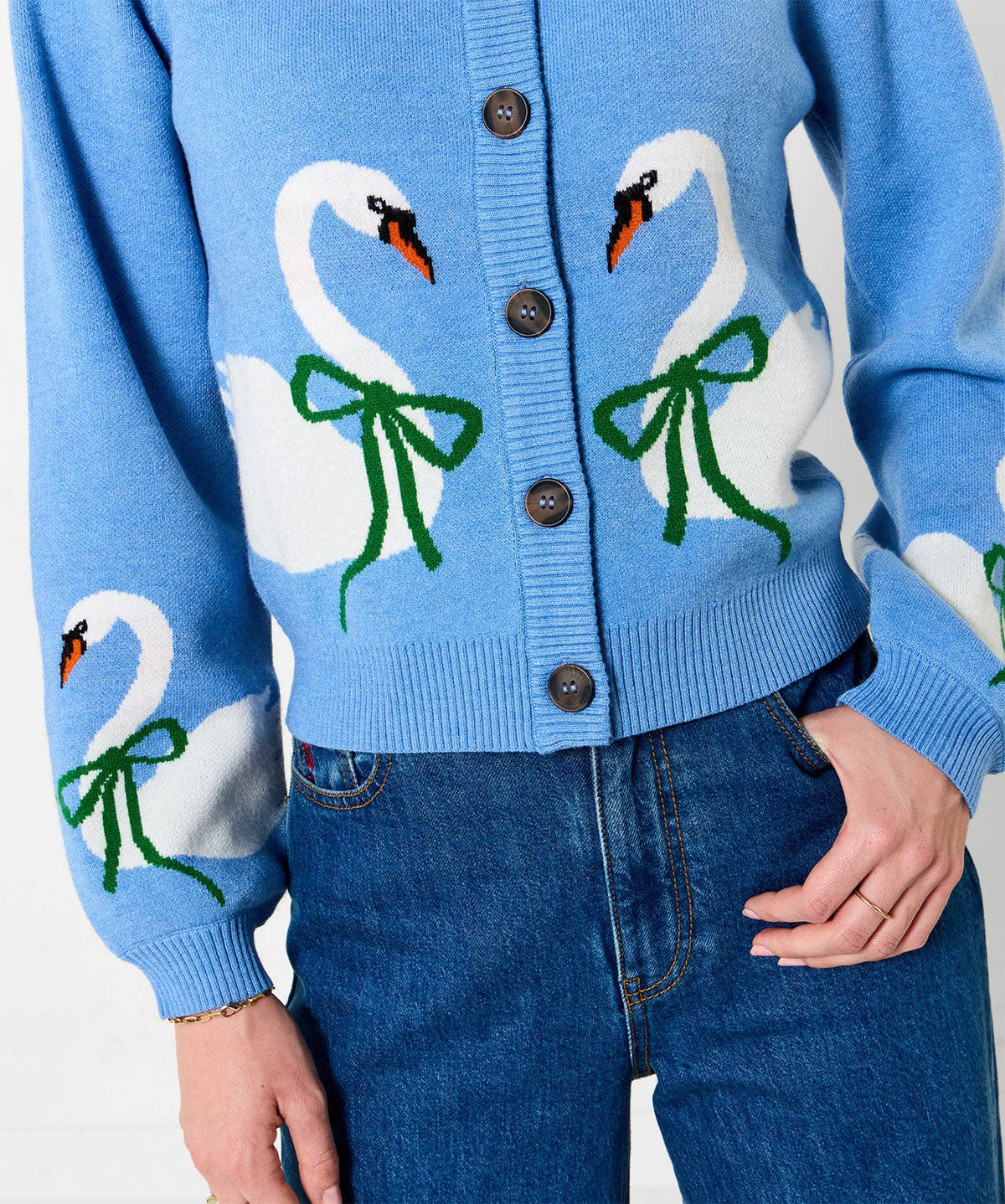 Swanning Around Knitted Cardigan: Blue / 52% Viscose, 28% Polyester, 20% Nylon / 14