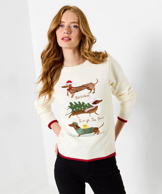 Darcie Dachshund Embroidered Jumper: Cream / 30% Polyester, 26% Arylic, 6% Wool,3% Elastane / 16