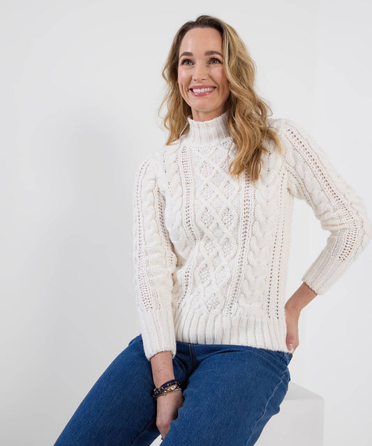 Cosy Cable Knit High Neck Jumper: Cream / 100% Polyester / 14