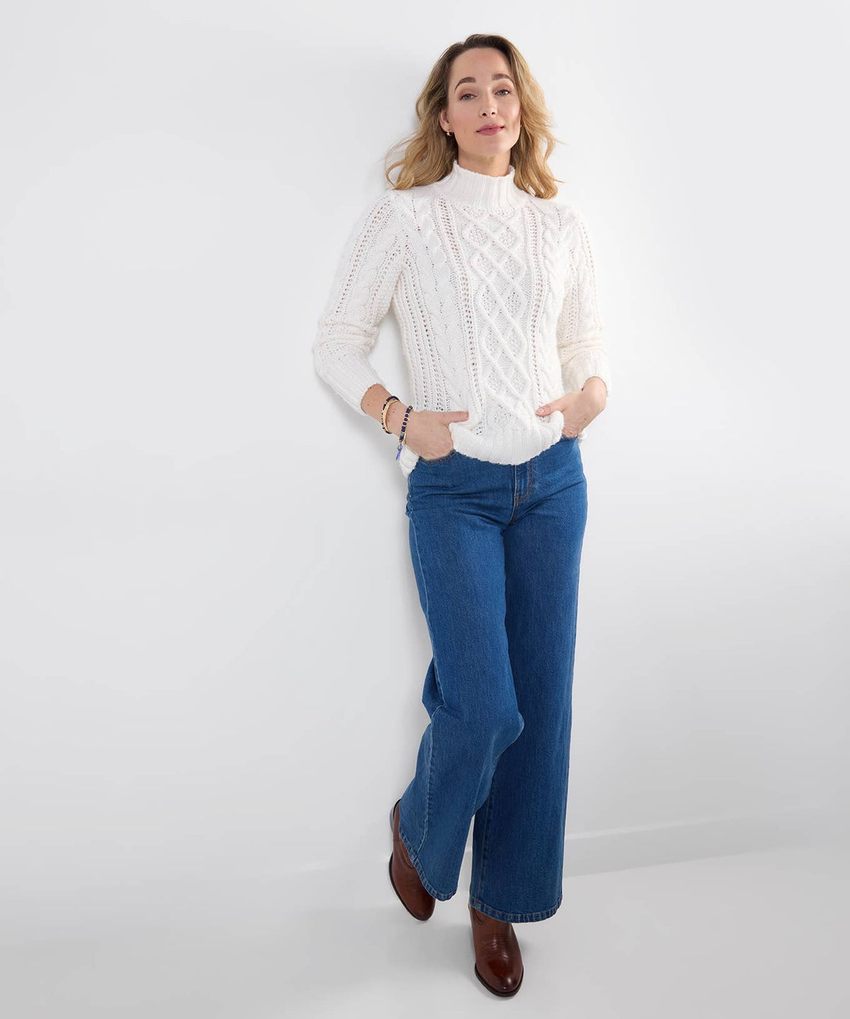 Cosy Cable Knit High Neck Jumper: Cream / 100% Polyester / 16