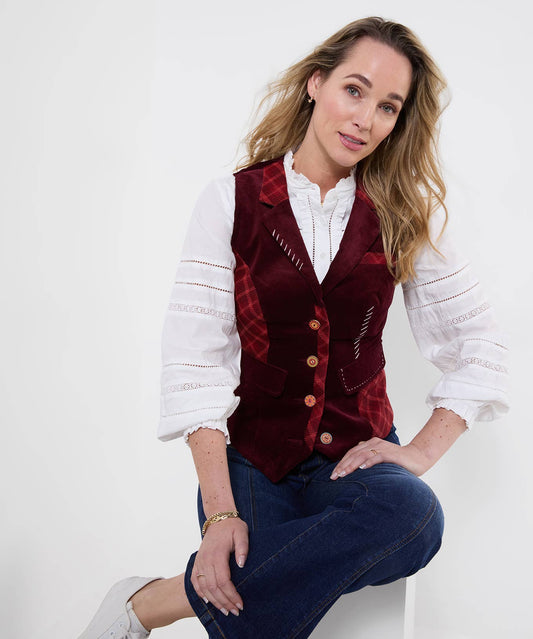 Joe browns Dahlia Mix And Match Waistcoat: Berry / Shell 100% Cotton. Trim: 92% Polyester, 8% Viscose 
Lining: 100% Polyester / 14