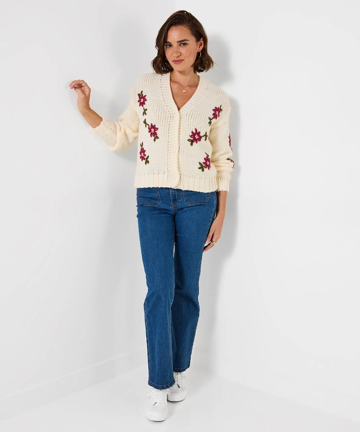 Fabulous Floral Embroidered Cardigan: Cream / 100% Polyester / XL (20/22)