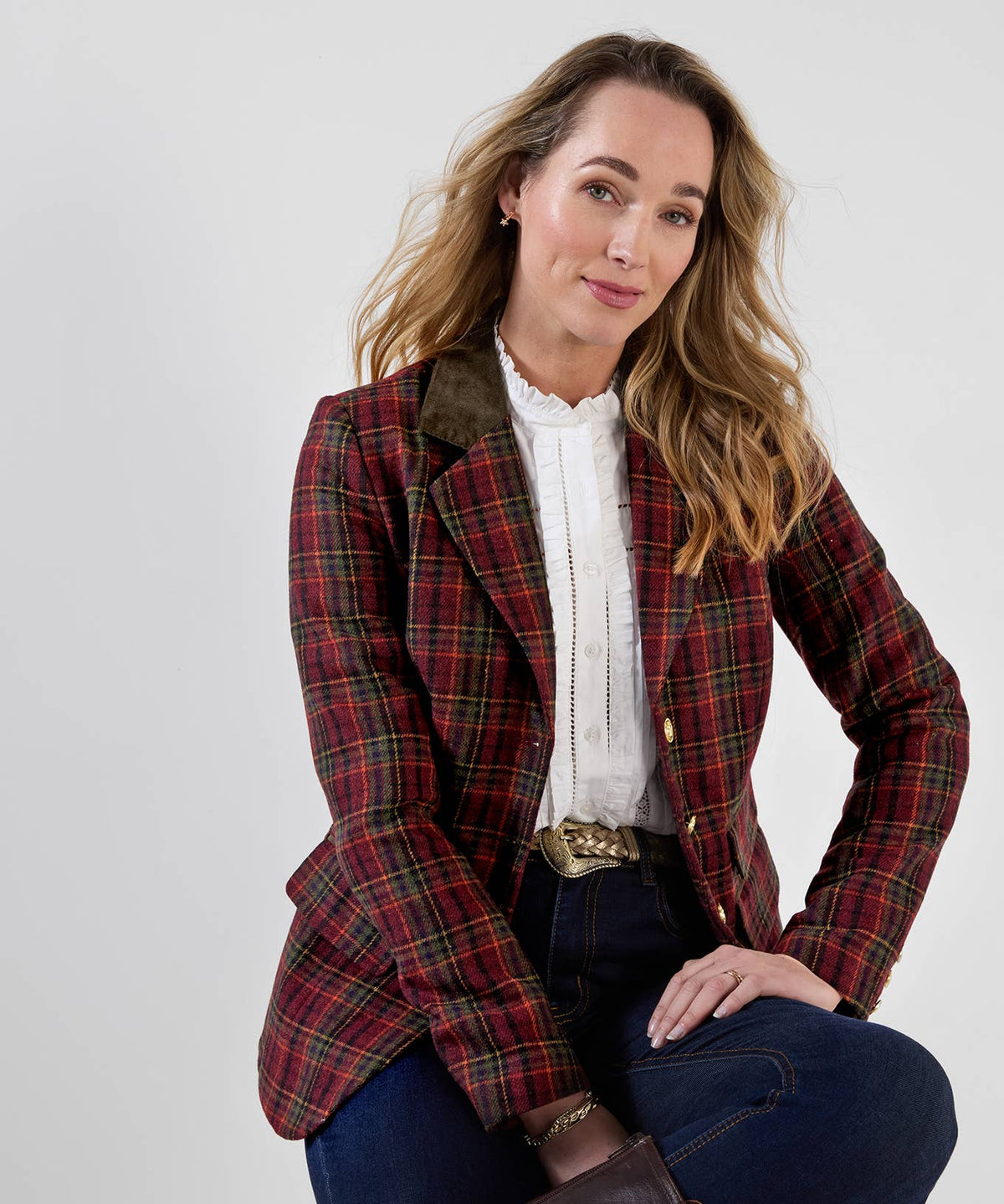 Ruby Heritage Check Jacket: Berry / Shell: 49% Polyester, 23% Wool, 18% Acrylic, 10% Polyamide. Trim: 98% Cotton 2% Elastane / 16