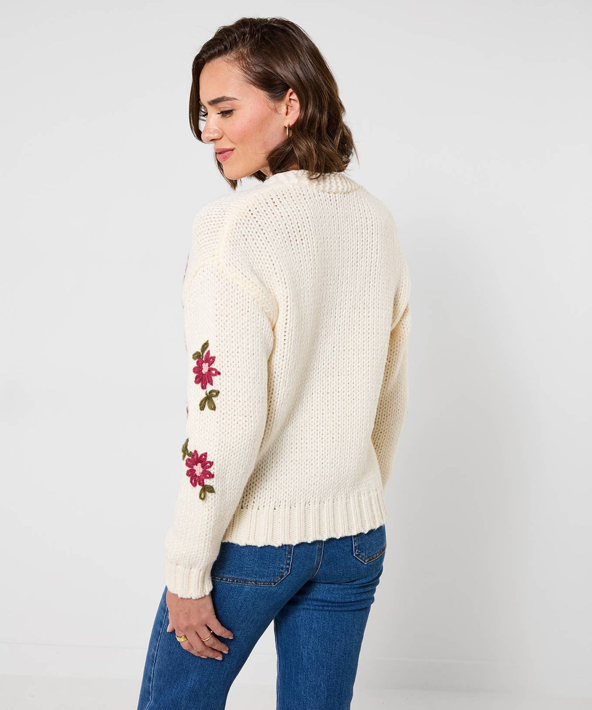 Fabulous Floral Embroidered Cardigan: Cream / 100% Polyester / XL (20/22)