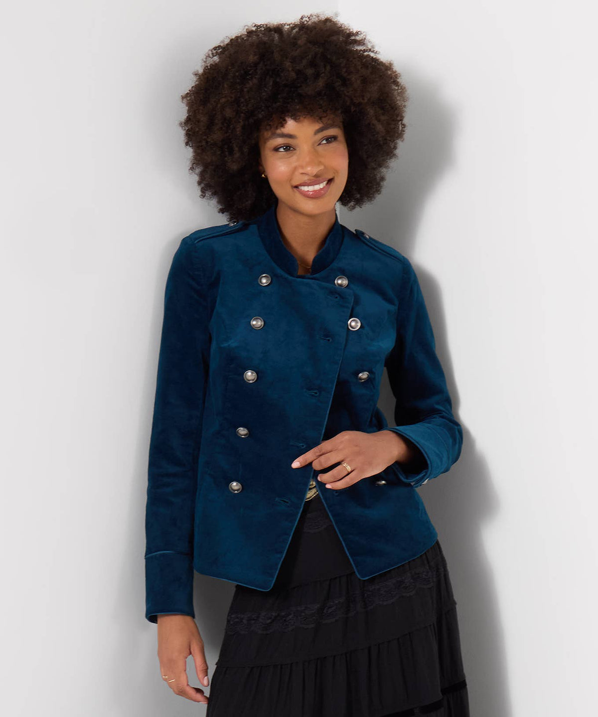 Joe browns winter Majestic Moleskin Military Jacket: Teal / Shell: 98% Cotton, 2% Elastane
Lining/: 100% Polyester / 16