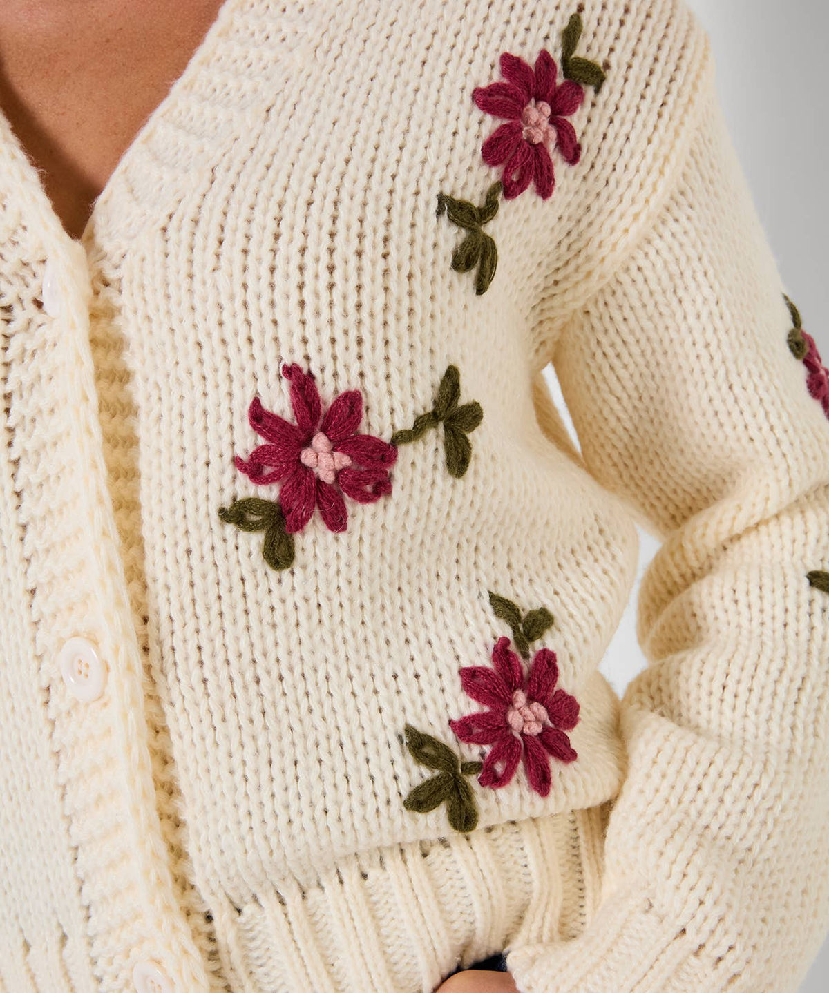 Fabulous Floral Embroidered Cardigan: Cream / 100% Polyester / XL (20/22)