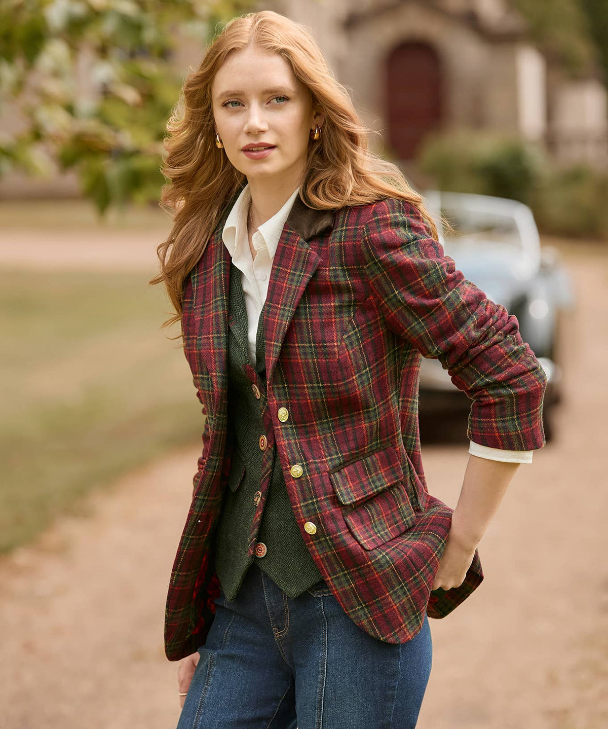 Ruby Heritage Check Jacket: Berry / Shell: 49% Polyester, 23% Wool, 18% Acrylic, 10% Polyamide. Trim: 98% Cotton 2% Elastane / 16
