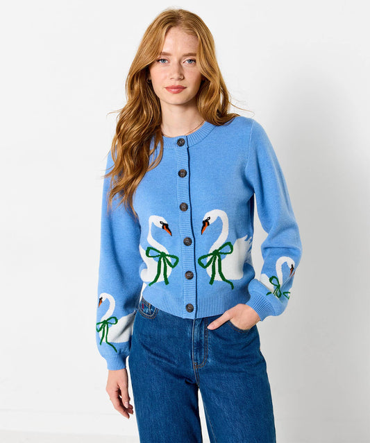 Swanning Around Knitted Cardigan: Blue / 52% Viscose, 28% Polyester, 20% Nylon / 14