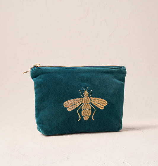 Elizabeth scarlett honey bee in rich blue mini pouch