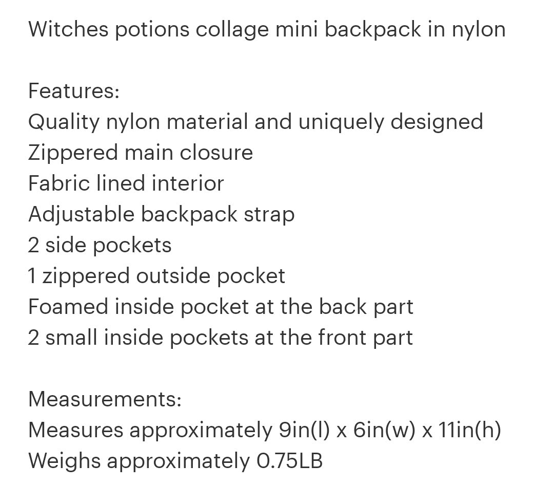 witches collage potion mini backpack nylon