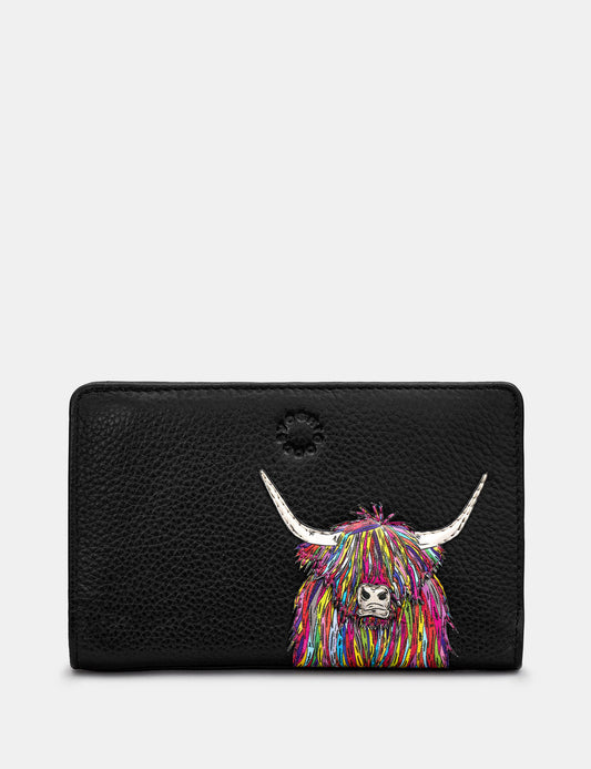 Yoshi highland cow flap over zip round purse black leather