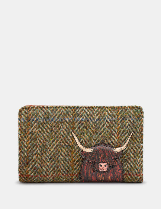 Yoshi Highland cow tweed flap over zip round tweed purse