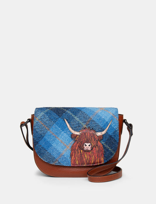 Yoshi  Highland cow blue Harris tweed leather flap over crossbody bag
