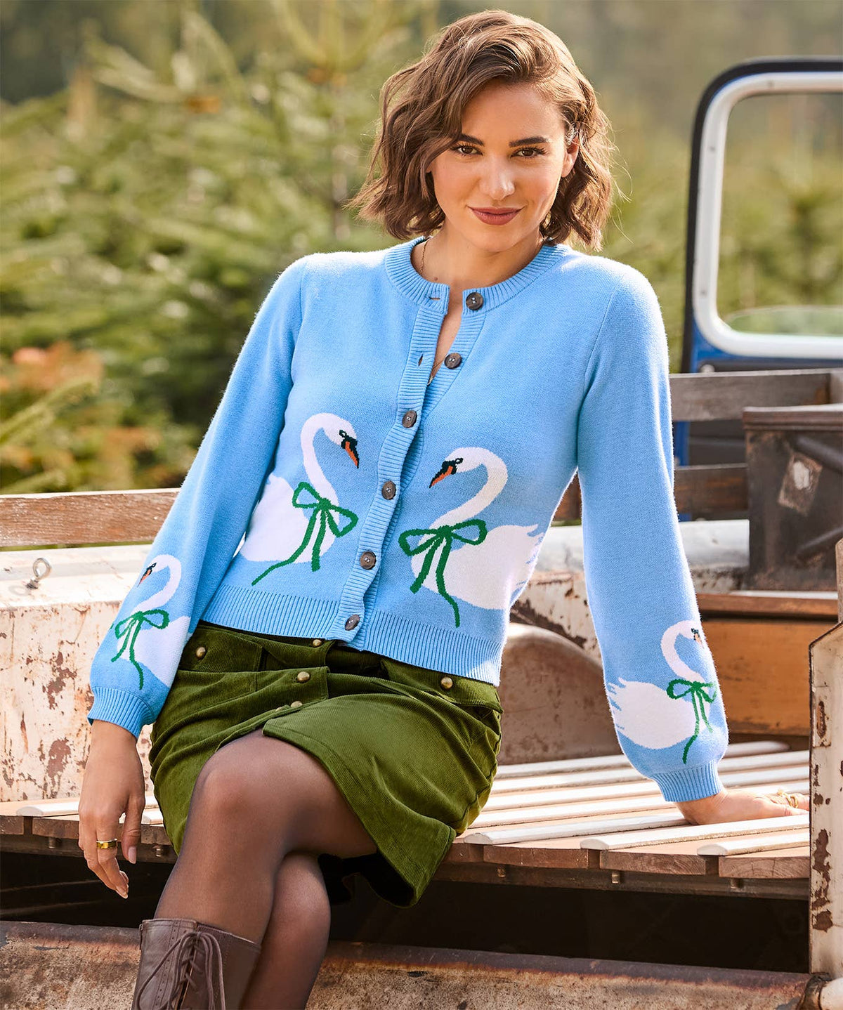 Swanning Around Knitted Cardigan: Blue / 52% Viscose, 28% Polyester, 20% Nylon / 14