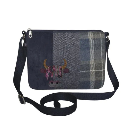 Earth squared tweed applique cow messenger Hand bag free uk postage