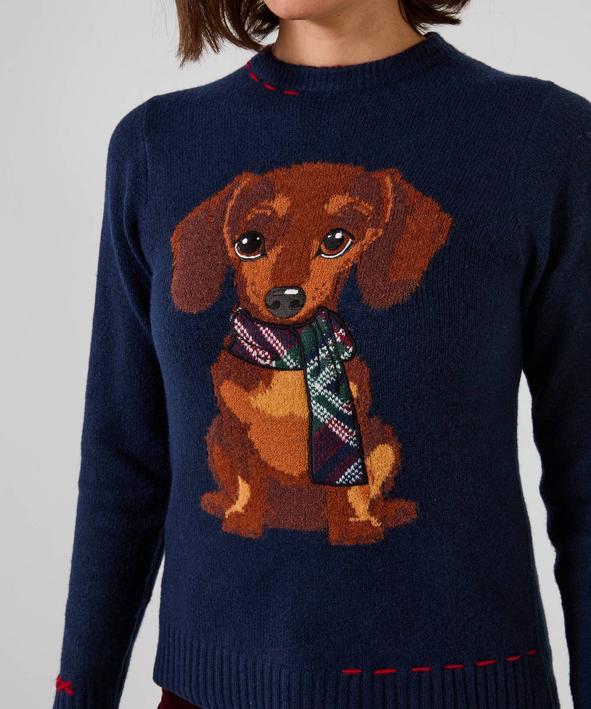 Trixie Embroidered Sausage Dog Jumper: Navy / 66% Polyester, 26% Acrylic, 4% Wool, 3% Elastane, 1% Polyamide / 14