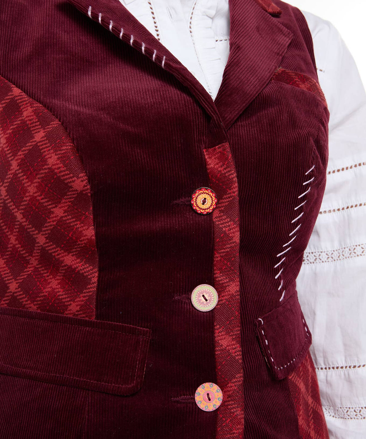 Joe browns Dahlia Mix And Match Waistcoat: Berry / Shell 100% Cotton. Trim: 92% Polyester, 8% Viscose 
Lining: 100% Polyester / 14