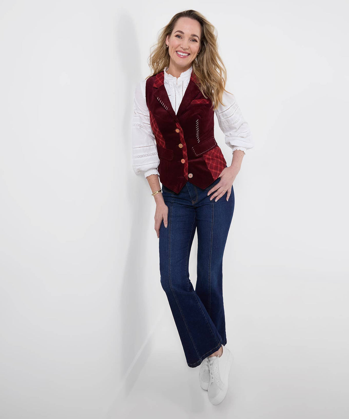 Joe browns Dahlia Mix And Match Waistcoat: Berry / Shell 100% Cotton. Trim: 92% Polyester, 8% Viscose 
Lining: 100% Polyester / 14