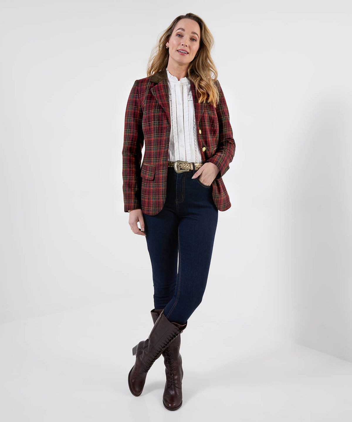Ruby Heritage Check Jacket: Berry / Shell: 49% Polyester, 23% Wool, 18% Acrylic, 10% Polyamide. Trim: 98% Cotton 2% Elastane / 16