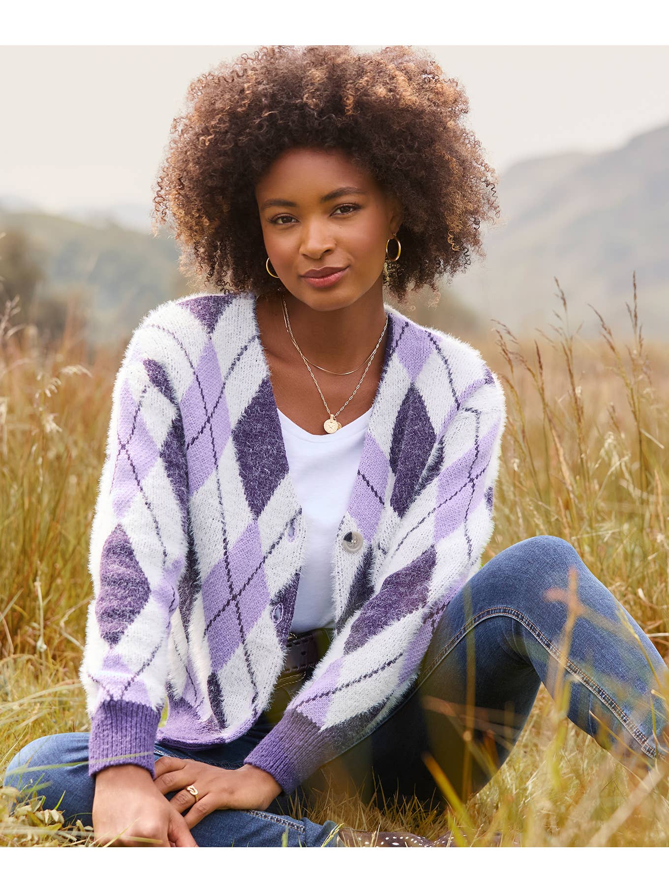 Joe browns Winter 2025 purple argyle cardigan £50